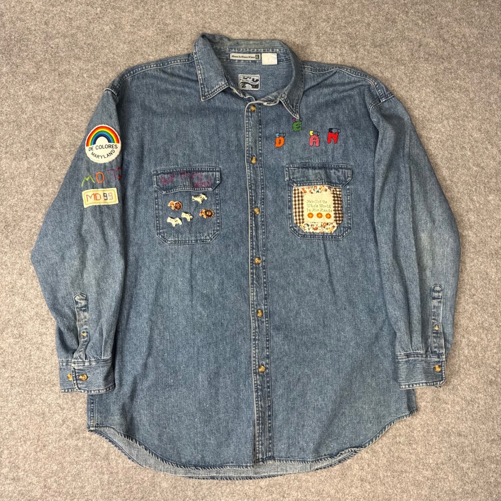 Vintage Pacific Crest Denim Shirt XL Custom Cross Stitch Religious Folk Art Blue